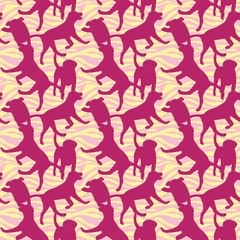 Dog silhouettes pattern fabric. Elegant, soft seamless background, abstract background with pink Labrador retriever dog shapes for Dog Lovers. Pink and yellow zebra. Birthday present wrapping paper.