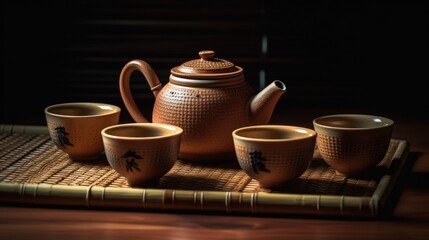 Fototapeta premium Traditional Japanese Tea Set on Bamboo Mat with Teapot and Cups Generative Ai