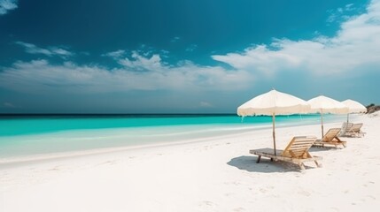 Fototapeta na wymiar Tropical Beach Banner with White Sand, Chairs, and Umbrella Generative Ai