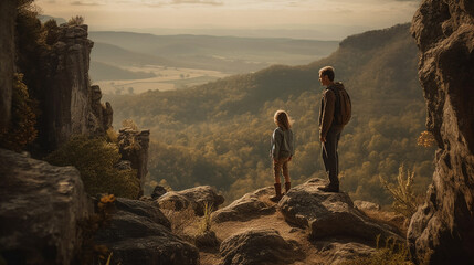 Father and son stand on the edge of cliff and look at beautiful landscape.  ai generated artwork - obrazy, fototapety, plakaty