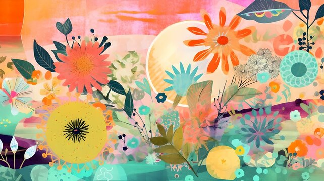 A Colorful Floral Illustration Mixed Media Collage
