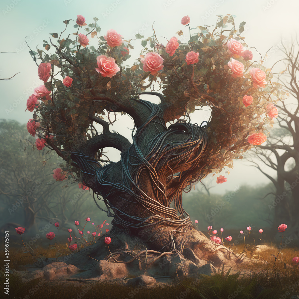Wall mural generative ai: fantasy tree and with gardens and path
