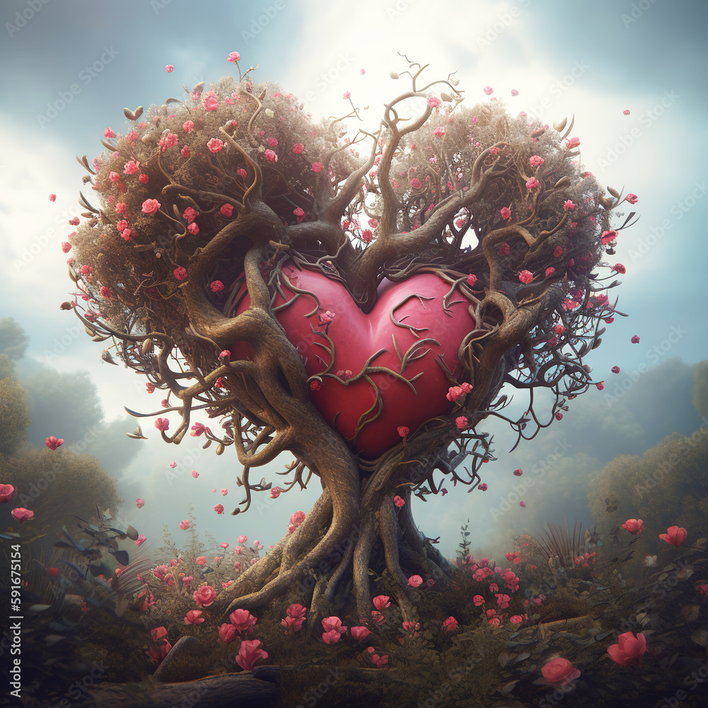 Wall mural generative ai: fantasy tree and with gardens and path
