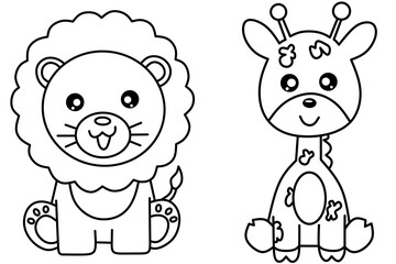 Lion and girave vector for coloring page 
