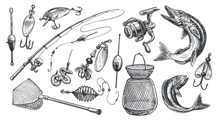 Equipment for fishing set. Fishing rod, floats and other devices for sport fishing. Sketch vector illustration