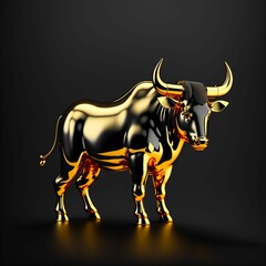 Black and gold crypto bull statuette isolated on a black background. Symbol of financial growth in a technological style. Generative AI