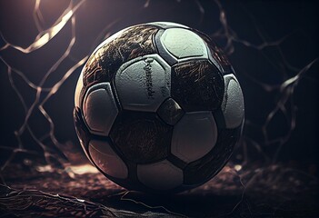 Soccer ball, goal, spotlight. Generative AI