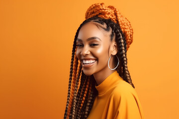 Fototapeta Pretty young afro-american woman with colorful braids on light yellow background. Generative AI obraz