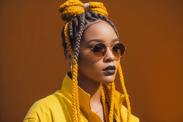 Pretty young afro-american woman with colorful braids on the yellow background. Generative AI