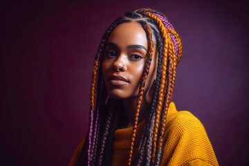 Pretty young afro-american woman with colorful braids on the violet background. Generative AI - obrazy, fototapety, plakaty