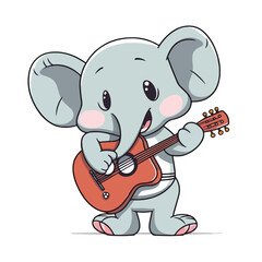 Cute Elephant Playing Guitar Cartoon Vector Icon Illustration. Animal Music Icon Concept Isolated Premium Vector. Flat Color
