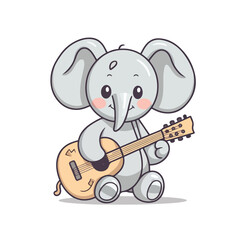 Cute Elephant Playing Guitar Cartoon Vector Icon Illustration. Animal Music Icon Concept Isolated Premium Vector. Flat Color