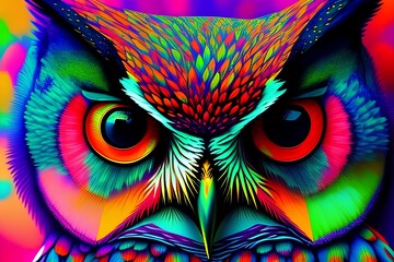 too close - the ethereal owl looks into her eyes but she is a colorful forest - generative ai
