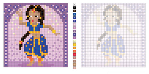 vector pixel illustration, dancing indian girl, coloring book, embroidery design, mosaic, creative development of motor skills and imagination