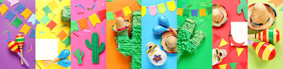 Collage with different Mexican symbols on colorful background, top view