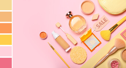 Makeup cosmetics on pink background. Different color patterns