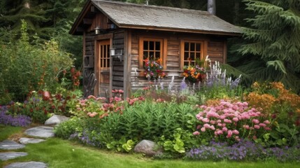 Fototapeta na wymiar A garden with flowers and a shed in the background created with Generative AI technology