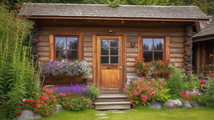 Fototapeta na wymiar A log cabin with flowers and plants around it created with Generative AI technology