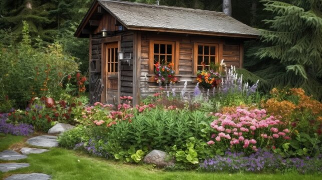 A garden with flowers and a shed in the background created with Generative AI technology