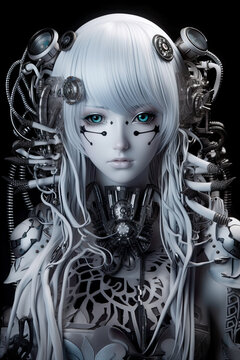 A cute anime-style virtual idol, vtuber, or digital character with a futuristic look, AI generative black white image