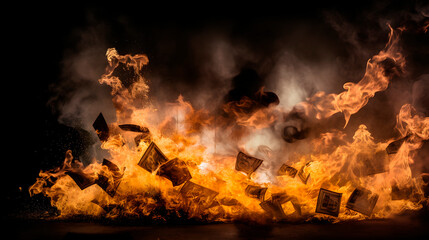 The volatility of the financial markets with an intense image of burning banknotes, symbolizing the instability and uncertainty during a global banking system collapse