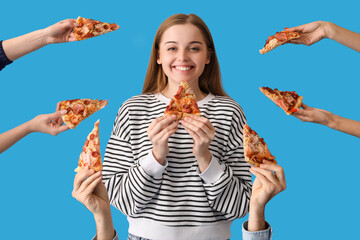 Happy young woman and many hands with pizza slices on blue background