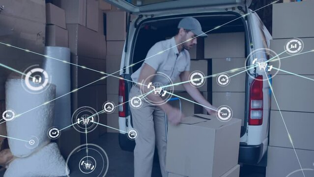Animation of network of digital icons over caucasian delivery man stacking boxes in his delivery van