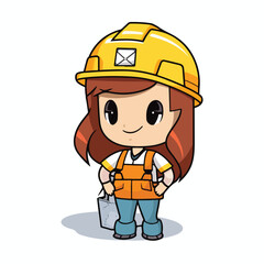 Mascot of cute girl building construction worker wearing uniform and safety helmet. Cartoon flat character vector illustration