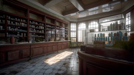 An old abandoned pharmacy interior, AI generative