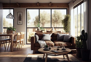 Wooden living room interior with eating table and couch, panoramic window. Generative AI
