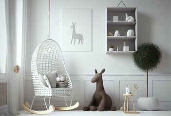 Empty white wall in modern child room. Mock up interior in scandinavian style. Copy space for your picture or poster. Bed, armchair, toys, rattan rocking horse. Cozy room for kids. 3D. Generative AI