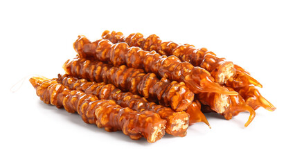 Pile of tasty churchkhela on white background