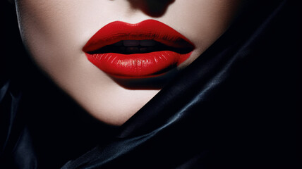 A closeup of a woman with red lips