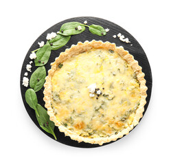 Board with delicious quiche, spinach leaves and cottage cheese isolated on white background