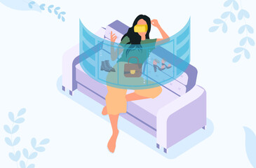 Woman shopping with vr glasses. Virtual and augmented reality. Electronic commerce and payments. Home delivery, modern technologies and innovations. Cartoon flat vector illustration