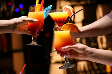 Women clinking glasses of tasty Tequila Sunrise on in bar