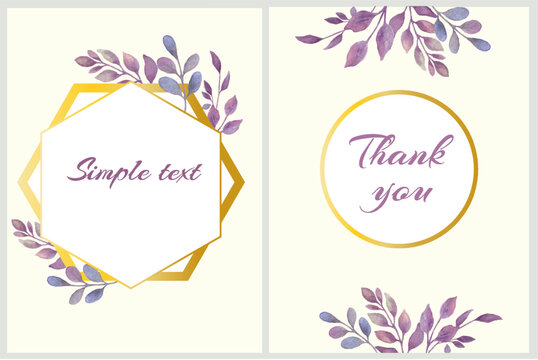 Watercolor botanical card template. Invitation cards. Hand drawing illustration isolated on pastel background. Vector EPS.