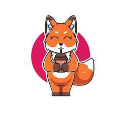 vector illustration of cute and adorable fox cartoon character drinking boba