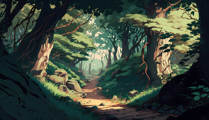 enchanting world of nature with this breathtaking forest anime wallpaper, featuring a lush, verdant forest that stretches as far as the eye can see. 