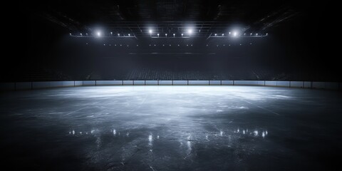 Background. Beautiful empty winter background and empty ice rink with lights. Spotlight shines on the rink. Bright lighting with spotlights. Generative AI