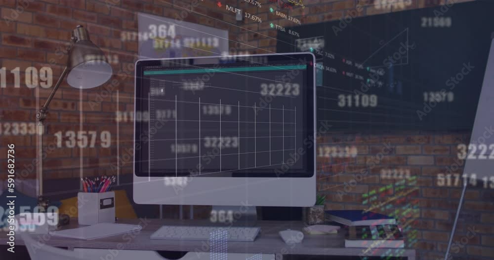 Poster animation of changing numbers and stock market data processing against computer on desk at school