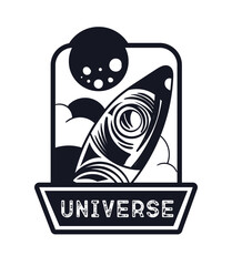 Space label black and white. Galaxy and universe. Rocket and space object near planet. Cosmic travel and adventure. Poster or banner for website. Cartoon flat vector illustration