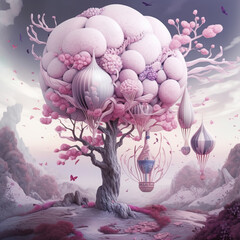 Generative AI: pink hot air balloon with flowers and fantasy landscape