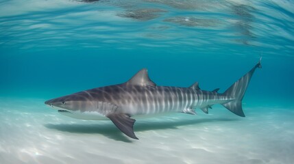 Fototapeta premium Tiger Shark swimming in crystal clear waters