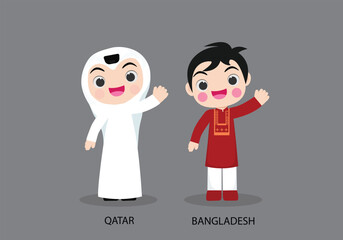 Obraz na płótnie Canvas Qatar peopel in national dress. Set of Bangladesh man dressed in national clothes. Vector flat illustration.