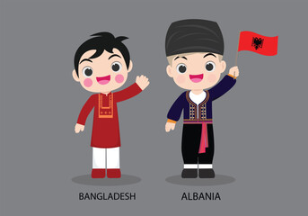 Obraz na płótnie Canvas Albania peopel in national dress. Set of Bangladesh man dressed in national clothes. Vector flat illustration.