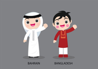 Albania peopel in national dress. Set of Bangladesh man dressed in national clothes. Vector flat illustration.