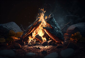 nighttime closeup of a campfire with burning wood and an open flame Generative AI
