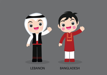 Lebanon peopel in national dress. Set of Bangladesh man dressed in national clothes. Vector flat illustration.