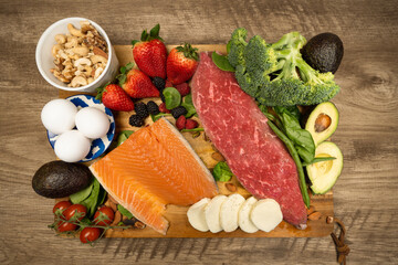 background with a tray of fresh keto foods meal concept